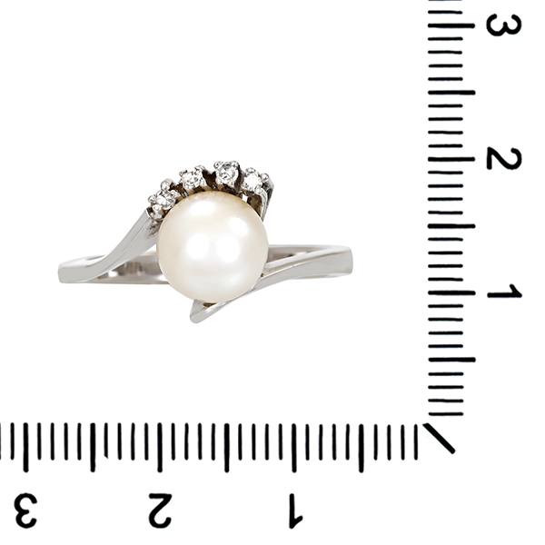 Ring, 14K, Weißgold, Perle, Diamant