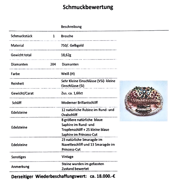 Brosche, 18K, Gelbgold, Saphir, Rubin, Smaragd, Brillanten