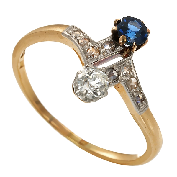 Ring, 14K, Gelb-/Weißgold, Saphir, Diamant