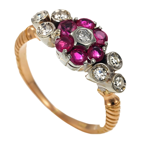 Ring, 18K, Gelb-/Weißgold, Rubine, Diamanten