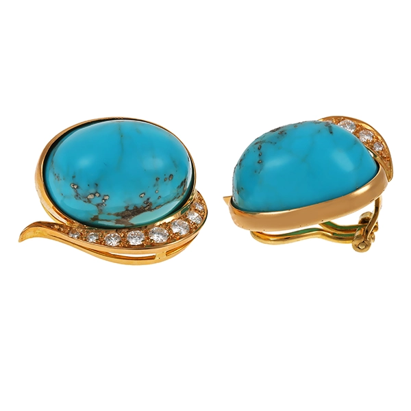 Ohrclips, 18K, Gelbgold, Türkis, Brillant