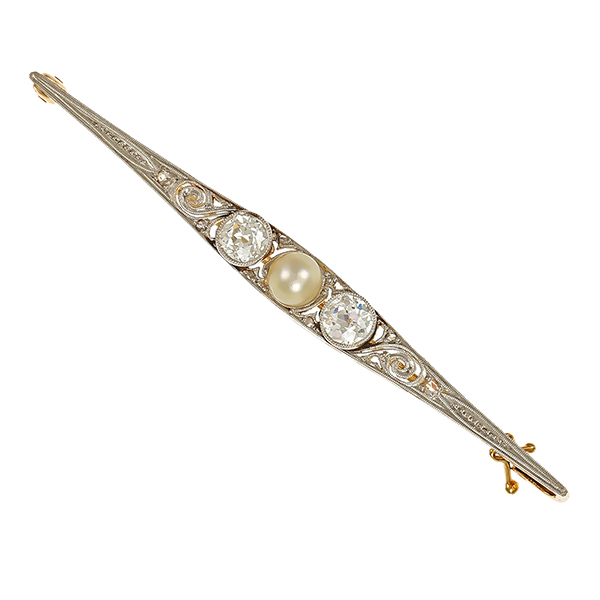Brosche, 14K, Gelb-/Weißgold, Perle, Diamanten, ArtDeco