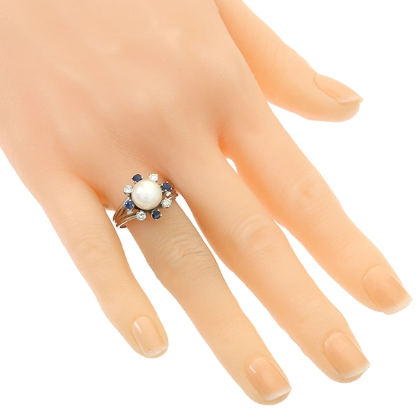 Ring, 18K, Weißgold, Perle, Saphir, Brillanten