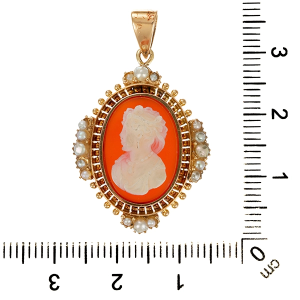Anhänger, 14K, Gelbgold, Kamee, Flußperlen