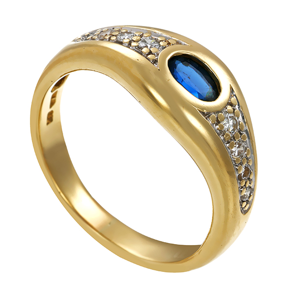 Ring, 18K, Gelbgold, 1 Saphir, 8 Brillanten