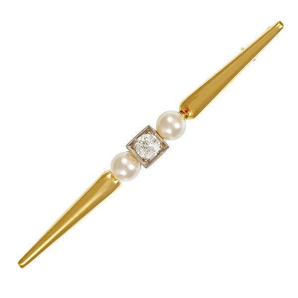 Brosche, 14K, Gelb-/Weißgold, Perlen, Diamant 0,50 ct