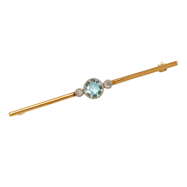 Brosche, 14K, Gelbgold, Aquamarin, Diamant