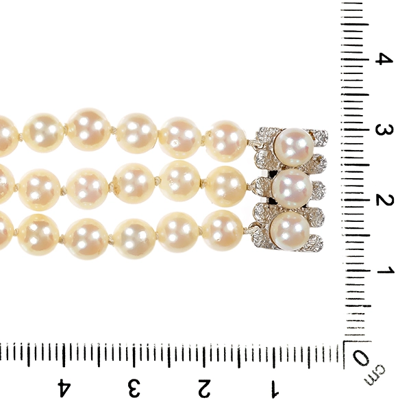 Perlenarmband, Schließe 14K, Weißgold, 3-reihig