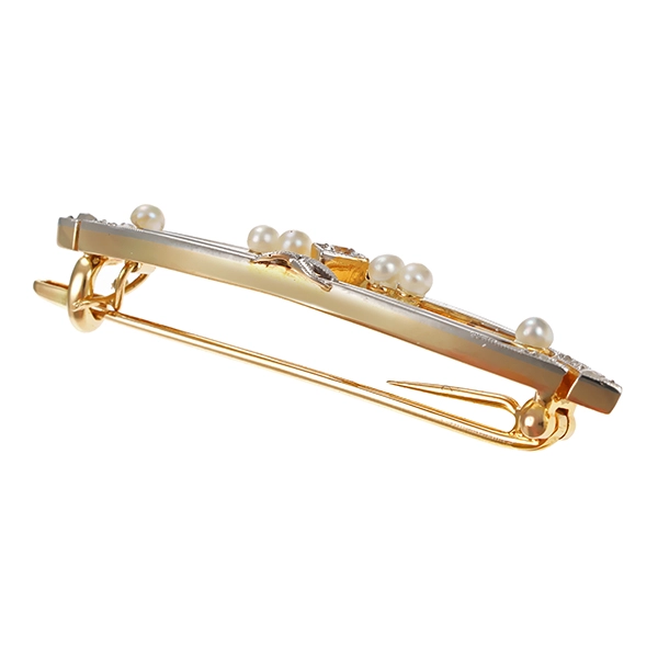 Brosche, 14K, Gelb-/Weißgold, Dia.rosen, Perlen, ArtDeco