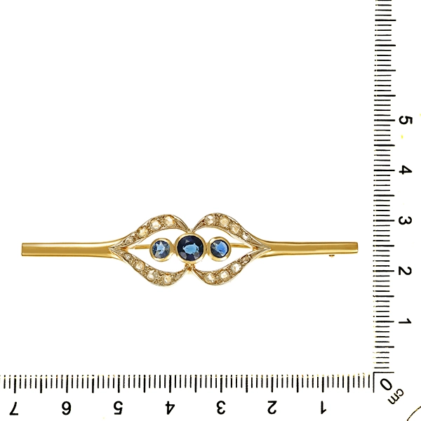 Brosche, 14K, Gelb-/Weißgold, Saphire, Diamantrosen