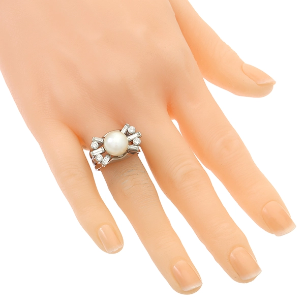 Ring, 14K, Weißgold, Perle, Diamanten, Brillanten