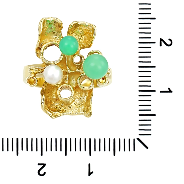 Ring, 14K, Gelbgold, Perle, Chrysopras