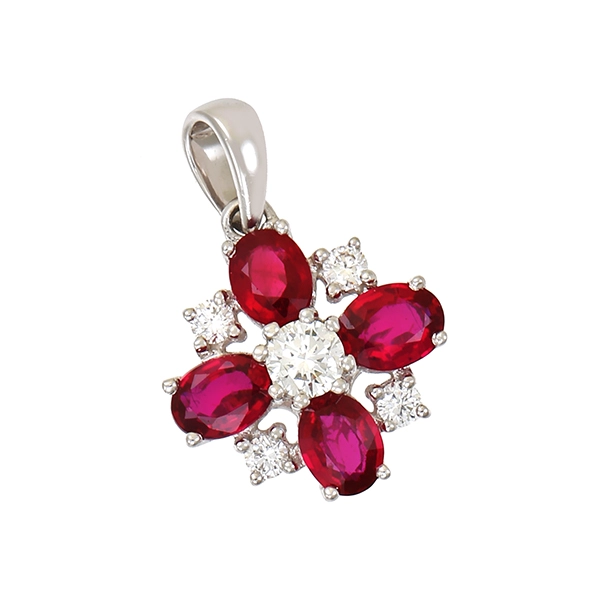 Anhänger, 18K, Weißgold, Rubine, Brillanten, 0,16ct