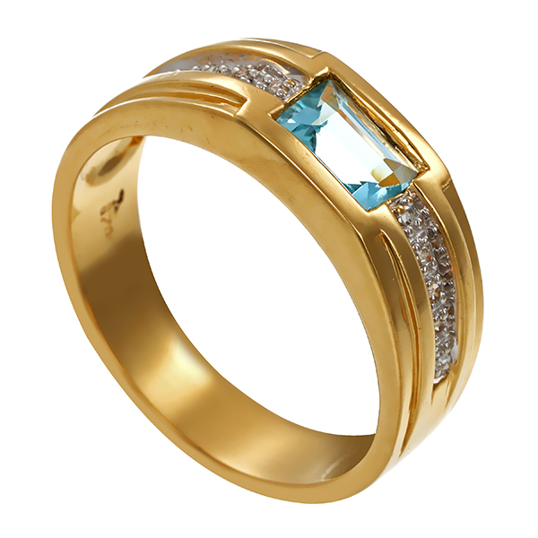 Ring, 14K, Gelbgold, Topas blau, Diamant