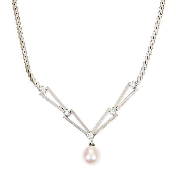 Collier, 14K, Weißgold, Perle, Brillanten