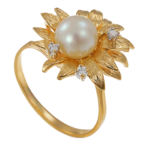 Ring, 18K, Gelbgold, Perle, Brillanten