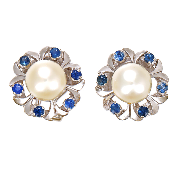 Ohrclipse, 14K, Weißgold, Perlen, Saphire