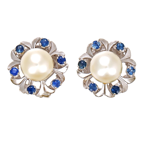 Ohrclipse, 14K, Weißgold, Perlen, Saphire