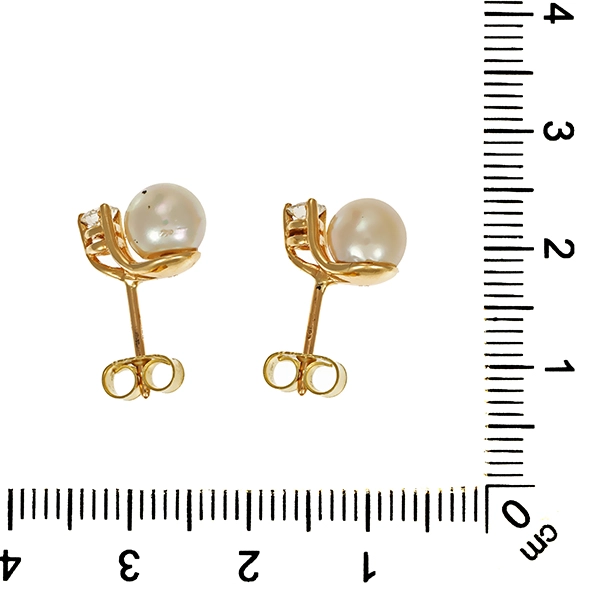 Ohrstecker, 14K, Gelbgold, Perlen, Brillanten