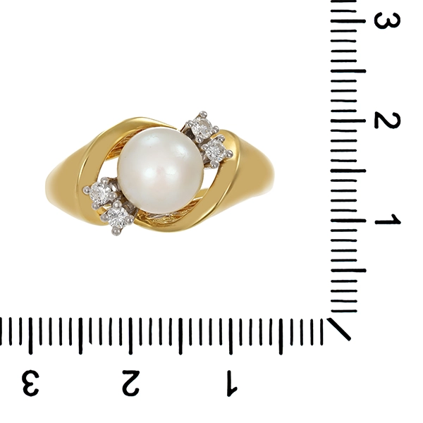Ring, 14K, Gelbgold, Perle, Brillanten 0,16 ct