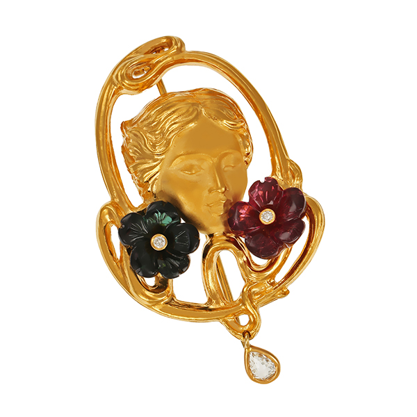 Brosche, 18K, Gelbgold, Brillanten, Diamantrose, Turmaline