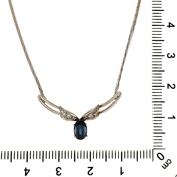 Collier, 8K, Weißgold, Saphir, Diamant