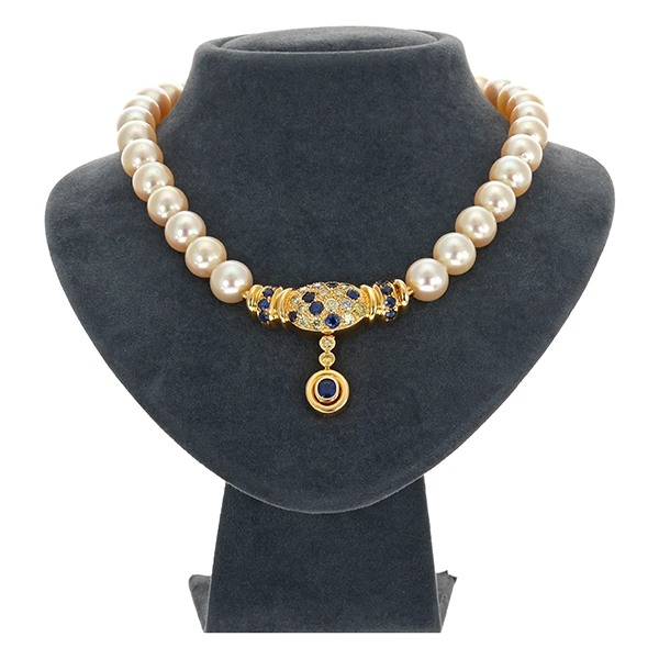 Collier, 18K, Gelbgold, Perlen, Brillant, Saphir