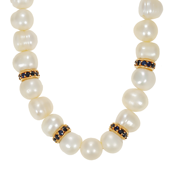 Perlenkette, 18K, Gelb-/Weißgold, Brillanten, Saphire