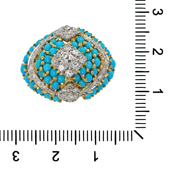 Ring, 18K, Gelbgold, Türkis, 41 Diamanten,