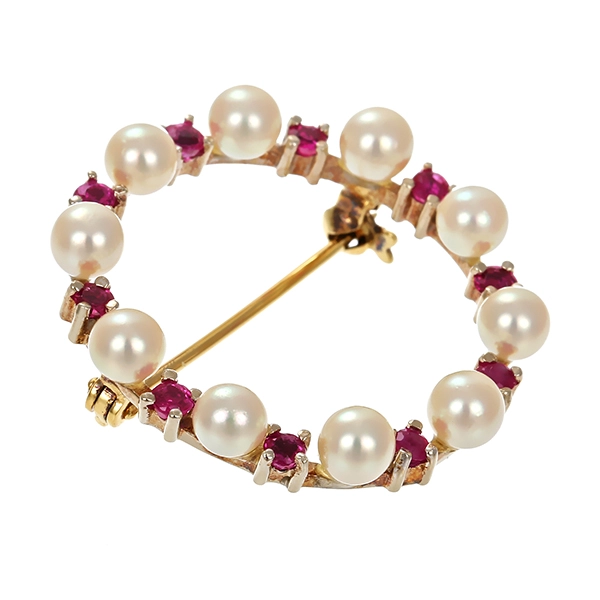 Brosche, 14K, Gelbgold, Perlen, Rubine