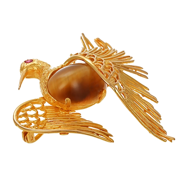 Brosche, 18K, Gelbgold, Tigerauge, Rubin