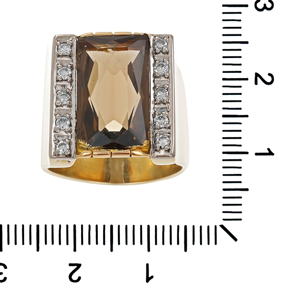 Herrenring, 14K, Gelb-/Weißgold, Rauchquarz, Brillanten, 0,30ct