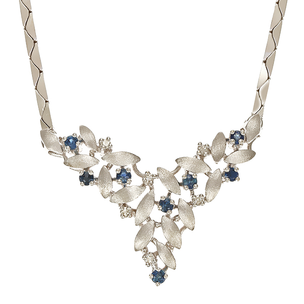 Collier, 14K, Weißgold, Saphire, Diamanten