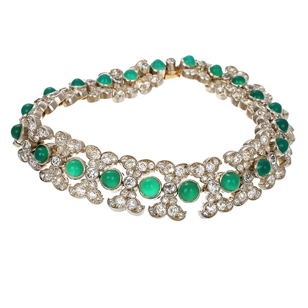 Armband, 14K, Gelb-/Weißgold, Chrysopras, Diamanten Altschliff, L19cm
