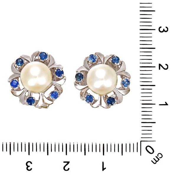 Ohrclipse, 14K, Weißgold, Perlen, Saphire