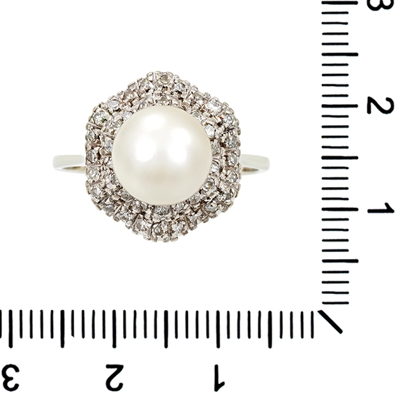 Ring, 18K, Weißgold, Perle, Diamanten 0,42 ct