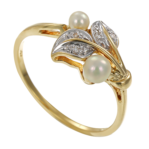Ring, 14K, Gelb-/Weißgold, Perle, Diamanten