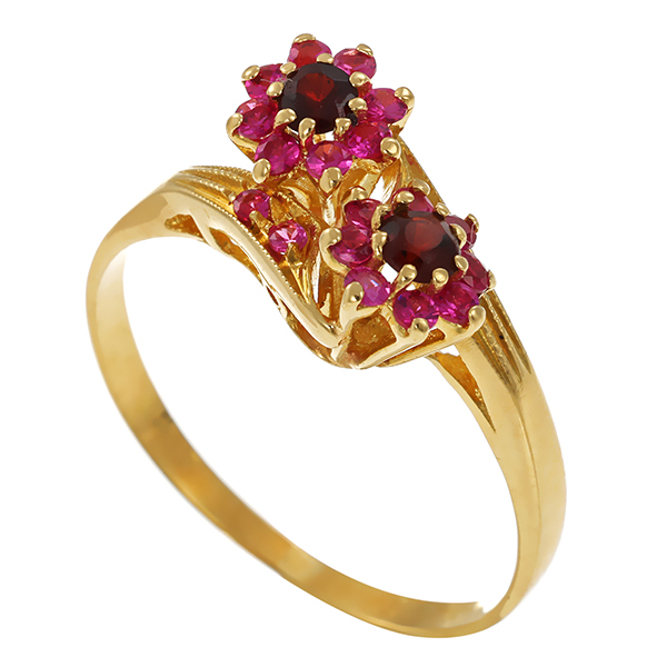 Ring, 18K, Gelbgold, synth. Rubin, Granat