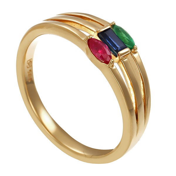 Ring, 14K, Gelbgold, Saphird, Rubin, Smaragd