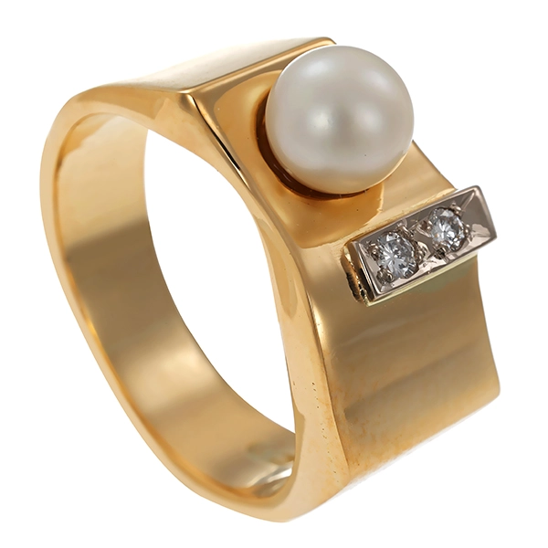 Ring, 14K, Gelb-/Weißgold, Perle, Diamanten
