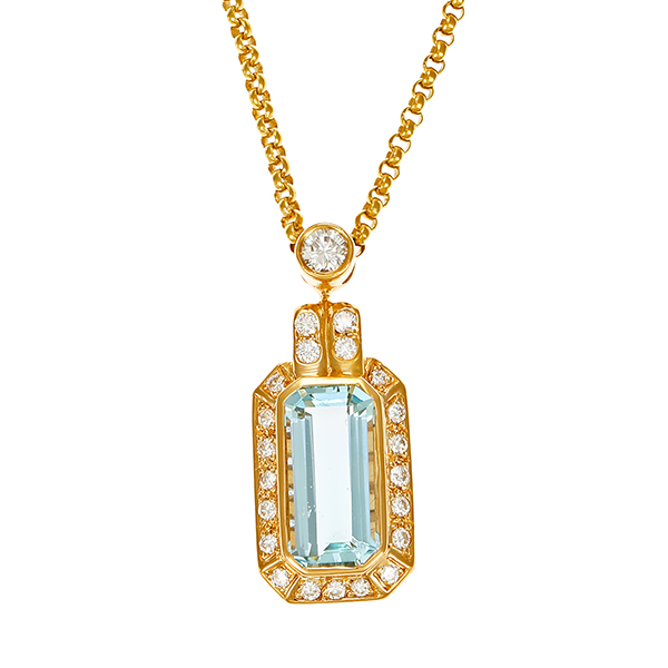 Collier, 18K, Gelbgold, Brillant, Aquamarin