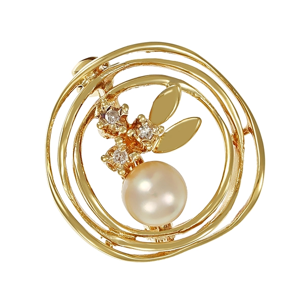 Brosche, 14K, Gelbgold, Diamant, Perle