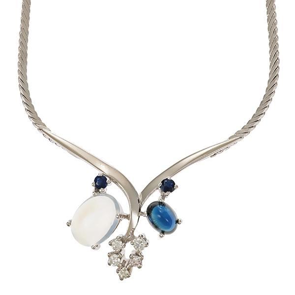 Collier, 14K, Weißgold, Mondstein, Saphir, Brillant