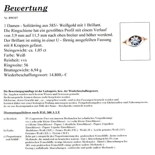 Diamantring, 14K, Weißgold, Brillant 1,05 ct
