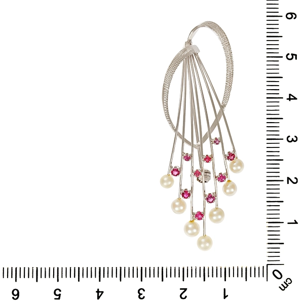 Brosche, 14K, Weißgold, Perle, Rubin