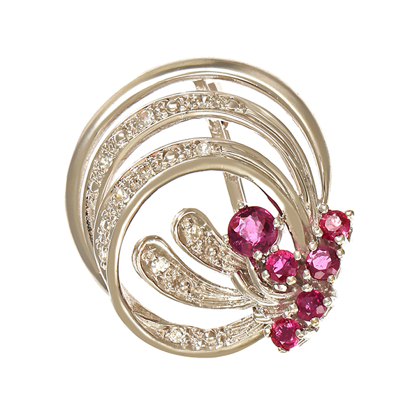 Brosche, 14K, Weißgold, Diamant, Rubin