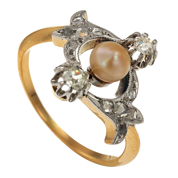 Ring, 18K, Gelb-/Weißgold, Perle, Diamanten, Antik