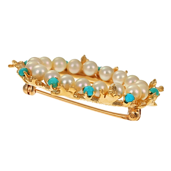 Brosche, 14K, Gelbgold, Perlen, Türkise