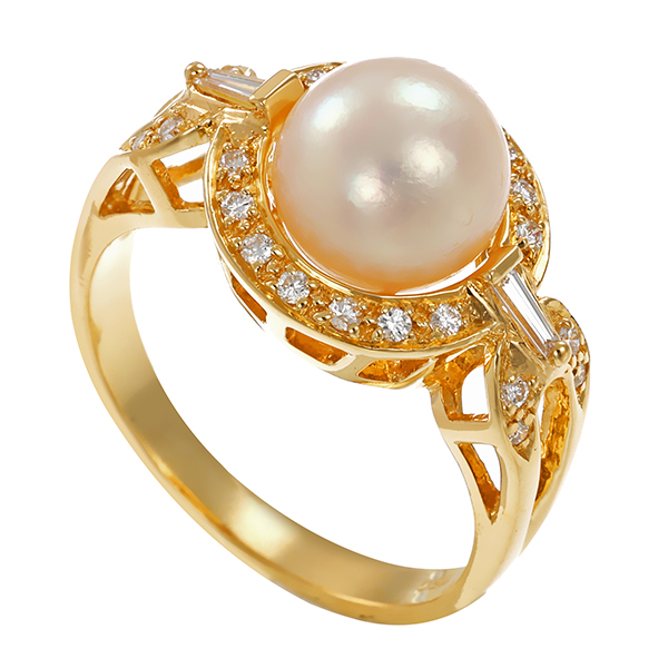 Ring, 18K, Gelbgold, 22 Brillanten , 2 Diamanten, 1 Zuchtperle