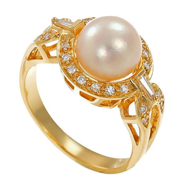 Ring, 18K, Gelbgold, 22 Brillanten , 2 Diamanten, 1 Zuchtperle